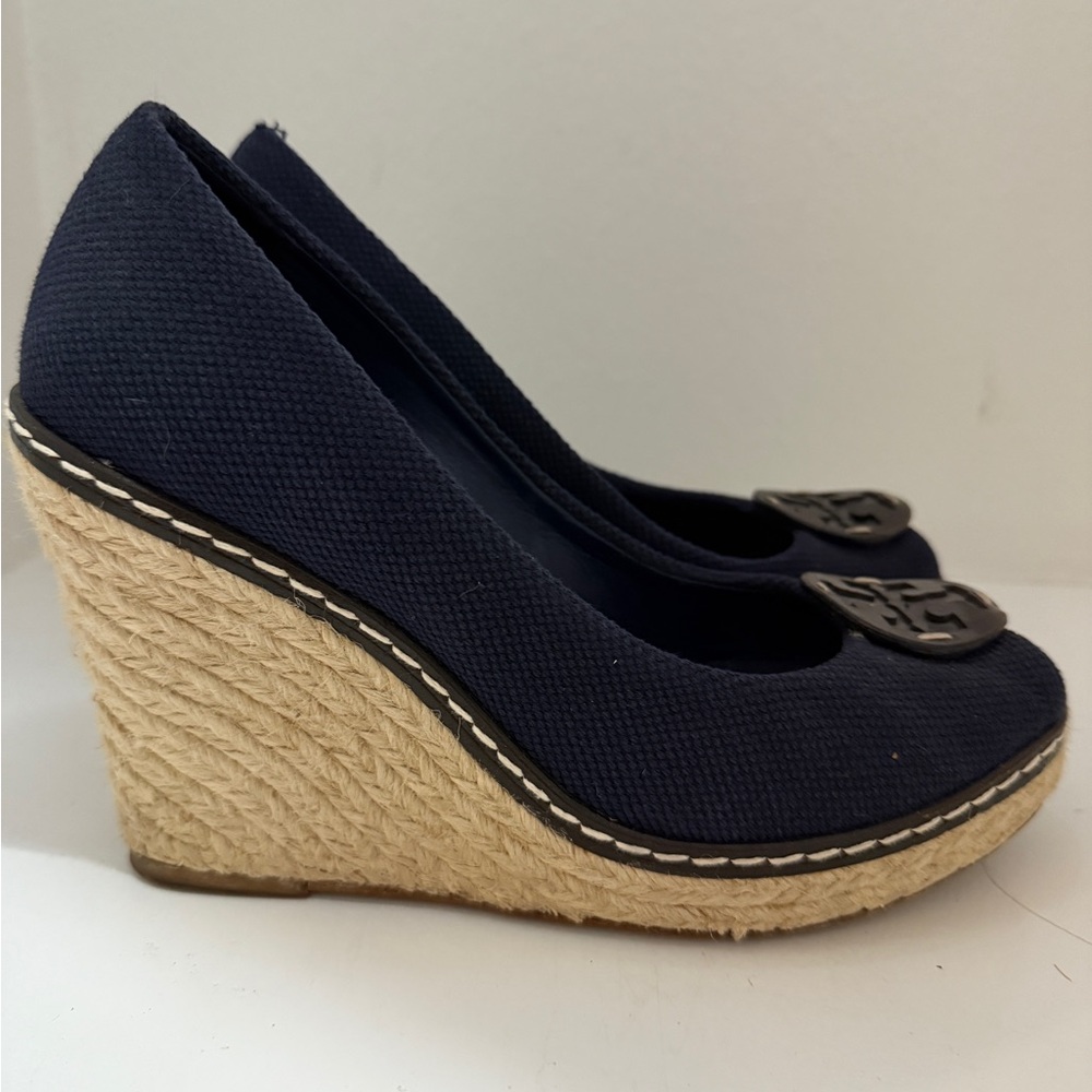 Tory Burch Navy Peep-Toe Espadrille Wedges